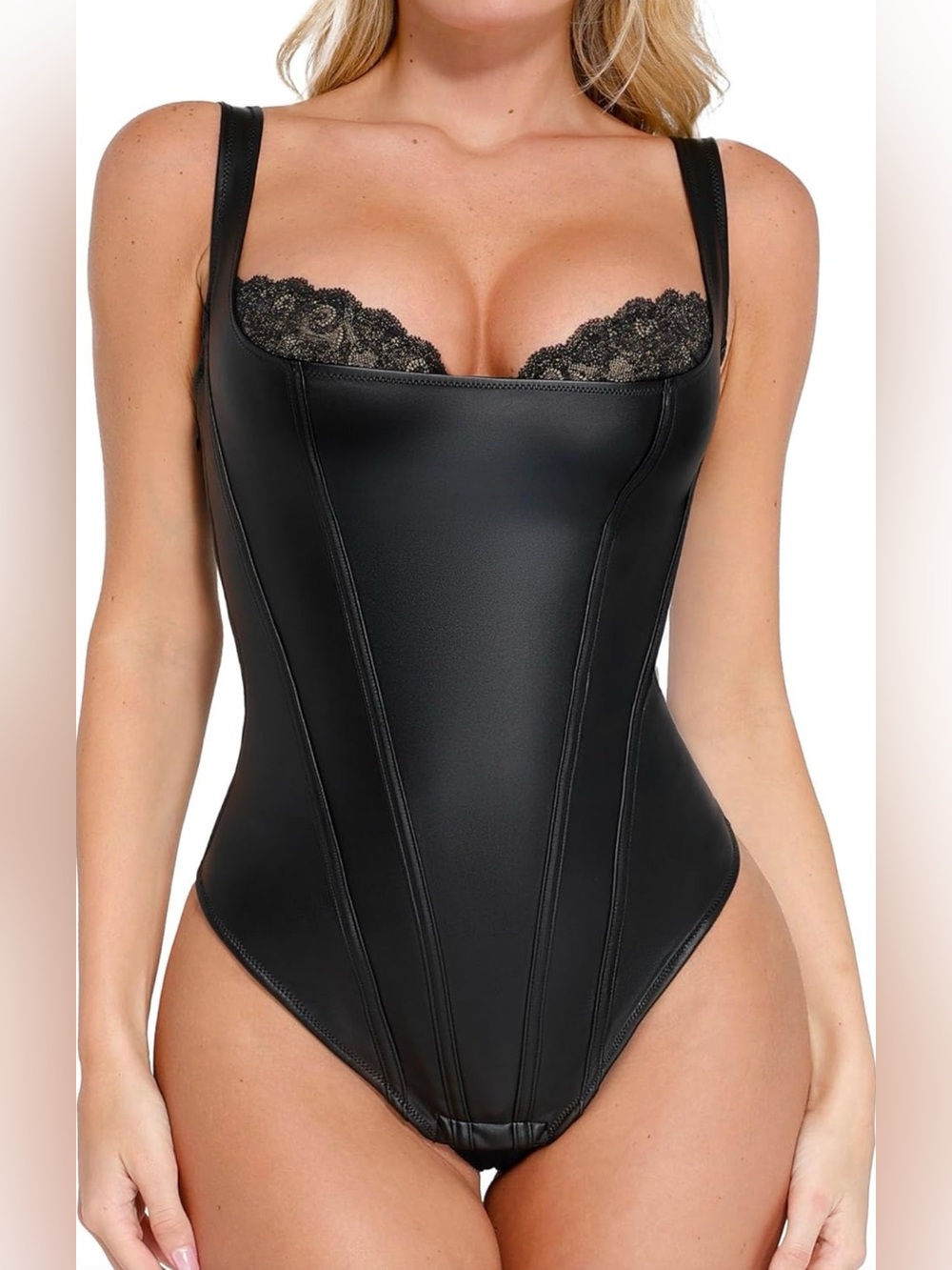 Popilush Shapewear Bodysuit Lace Corset Tank Tops Tummy Control Faux Leather - Picture 1 of 7